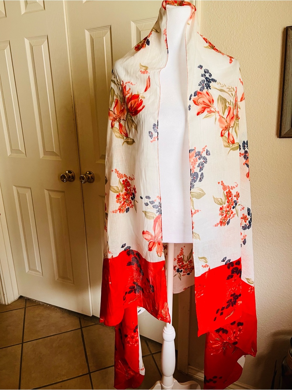 Aratta Floral Open Front Scarf Jacket in Cream and Red